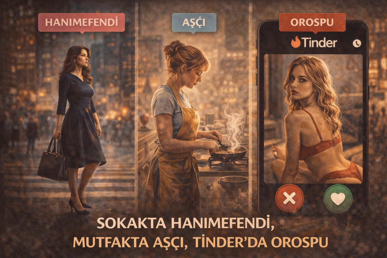Sokakta hanımefendi, mutfakta aşçı, Tinder'da orospu
